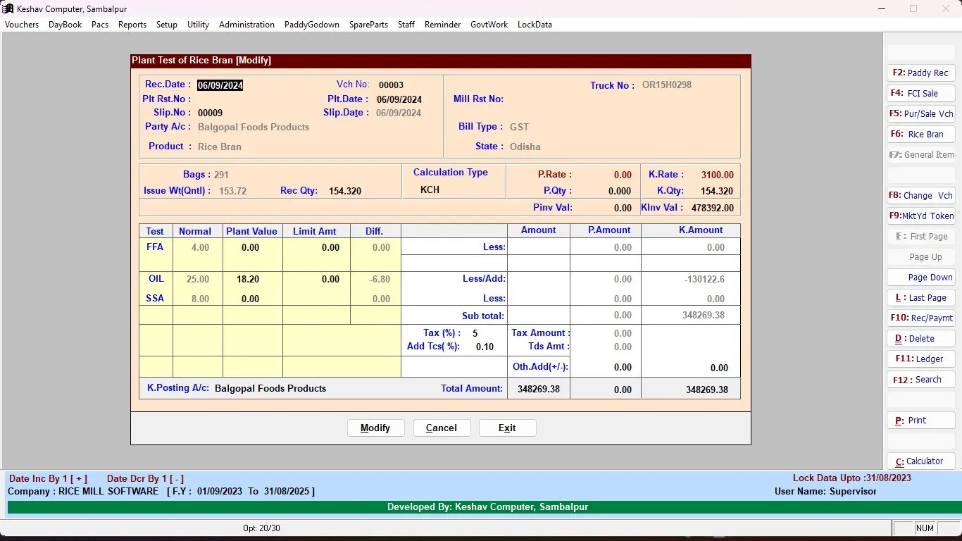 Bran oil report entry