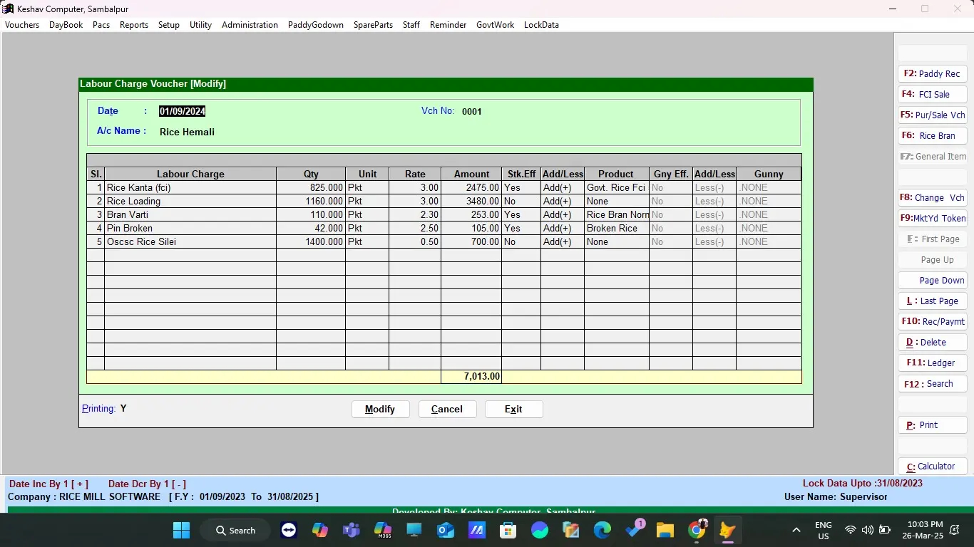 Hemali/Labour charge entry